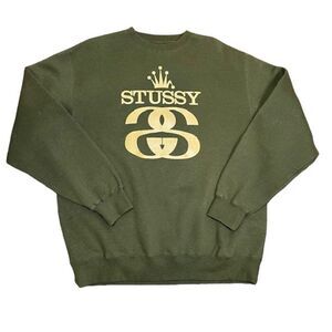 Stussy Y2K Vintage Logo Sweatshirt Crewneck Olive Green Metallic Gold Mens Large